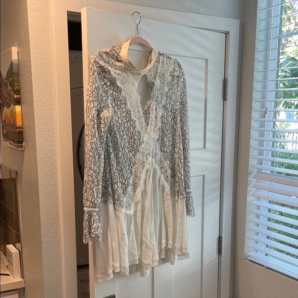 Free People Cream and Black Lace Tiered Dress